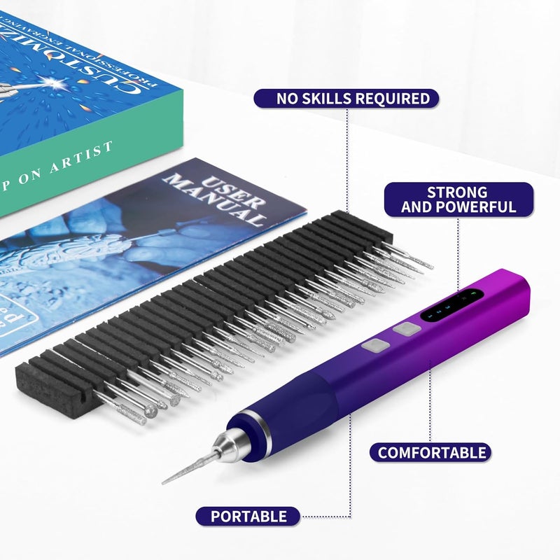 Kaibced [Dual-Directional Rotation] Electric Engraving Pen, Ultimate Cordless Engraving Pen for Artists & DIYers - Engrave 60+ Surfaces - Beginner Friendly- 30 Bits & Mastery Guide - Image 4